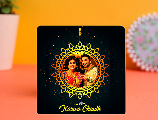 Happy Karwa Chauth Printed Black-Gold Color Acrylic Table Top