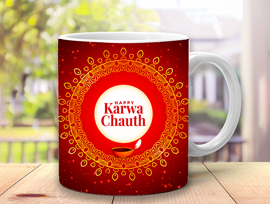 Happy Karwa Chauth Printed Diya Red Color Ceramic Mug