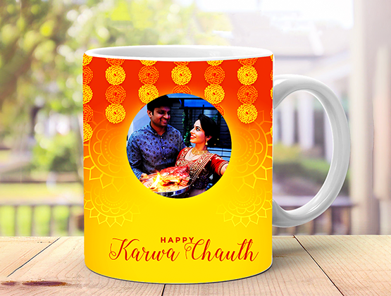 Personalised Happy Karwa Chauth Printed Orange Color Ceramic Mug